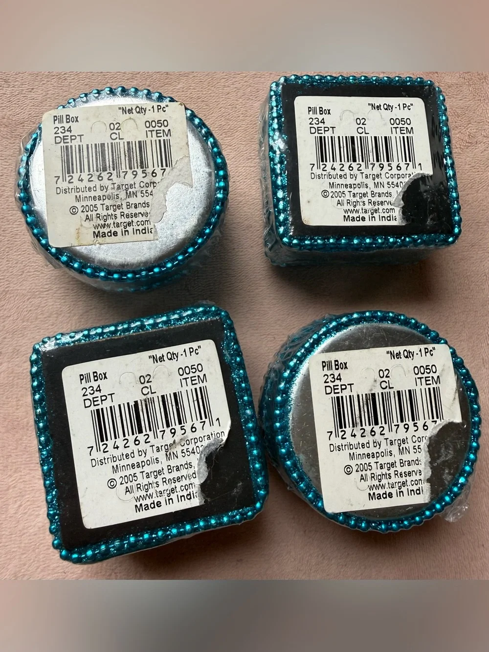 Lot of 4 Vintage Teal Blue Glitter Pill Medicine Trinket Box Mosaic Sequins